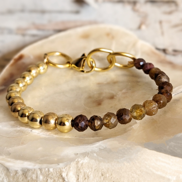 Natural Orange Yellow Sapphire & Gold Balls In Half And Half Beaded Bracelet - Picture 3 of 7